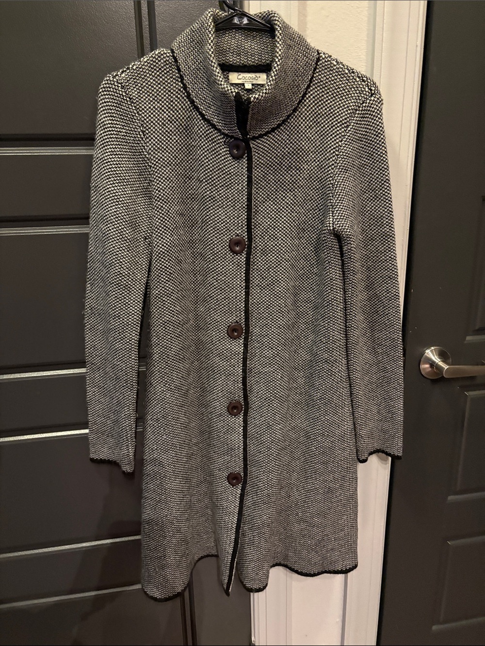 Cocogio Textured Knit Long Button Cardigan - Black & White
